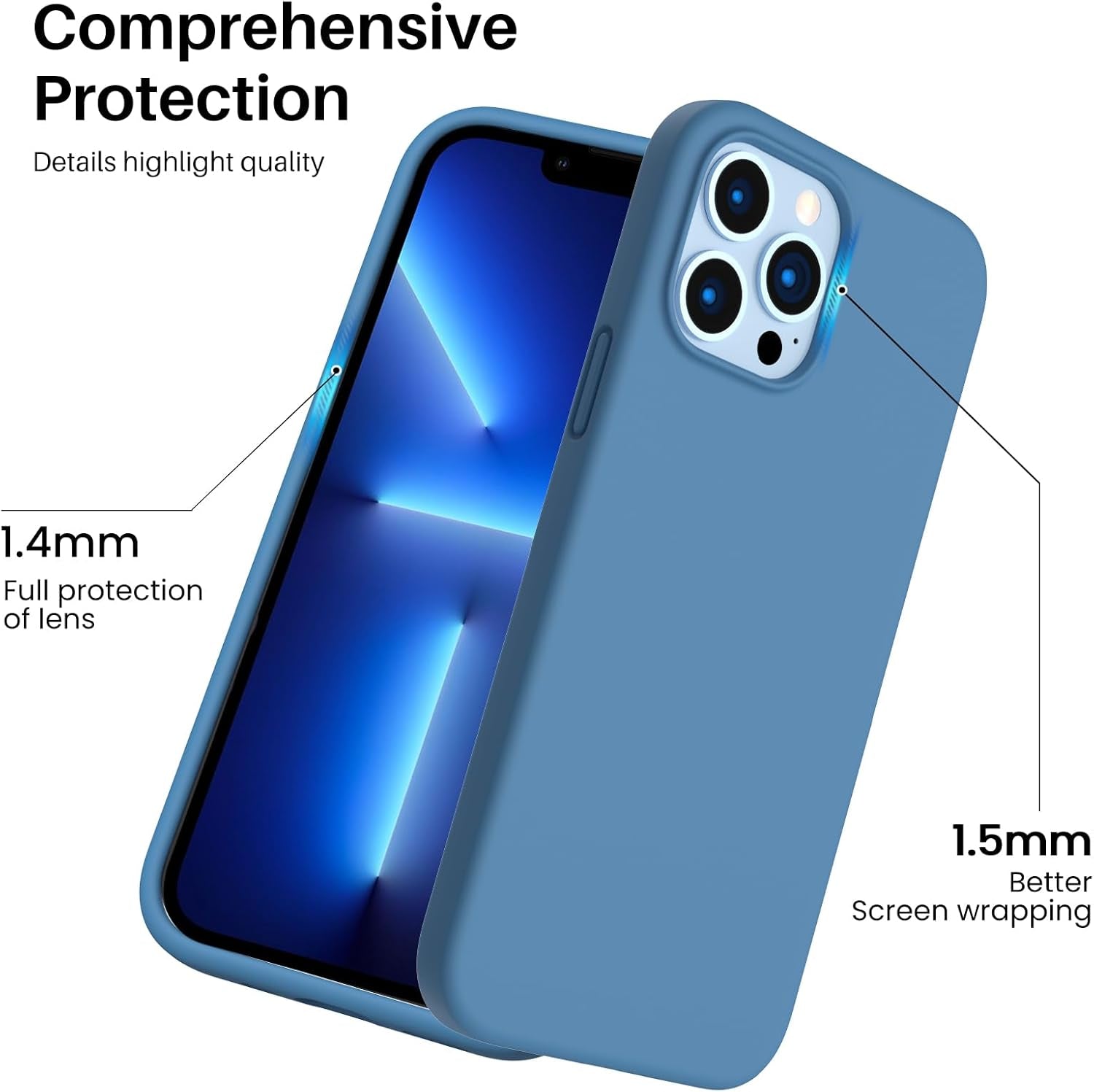 Shockproof Liquid Silicone Designed for Iphone 13 Pro Max Case 6.7", Gel Rubber Comprehensive Protection Anti-Shock Cover Case Drop Protection 6.7Inch-Blue