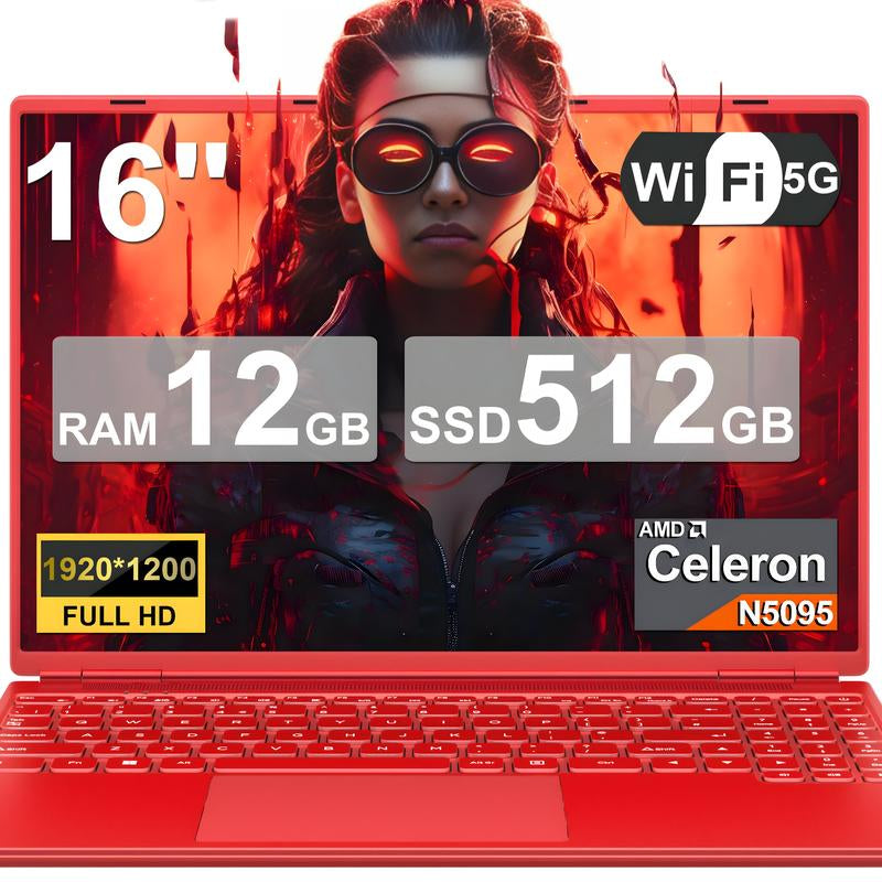 NOTODD 16 Inch Student and Business Laptop, Intel Celeron N5095, 12GB RAM+512GB SSD+1TB Expand, 1920X1200, 5G Wifi & HD Webcam, Windows11, Bundle with Silent Mouse, Black/Blue/Red/Purple Laptop, Lightweight
