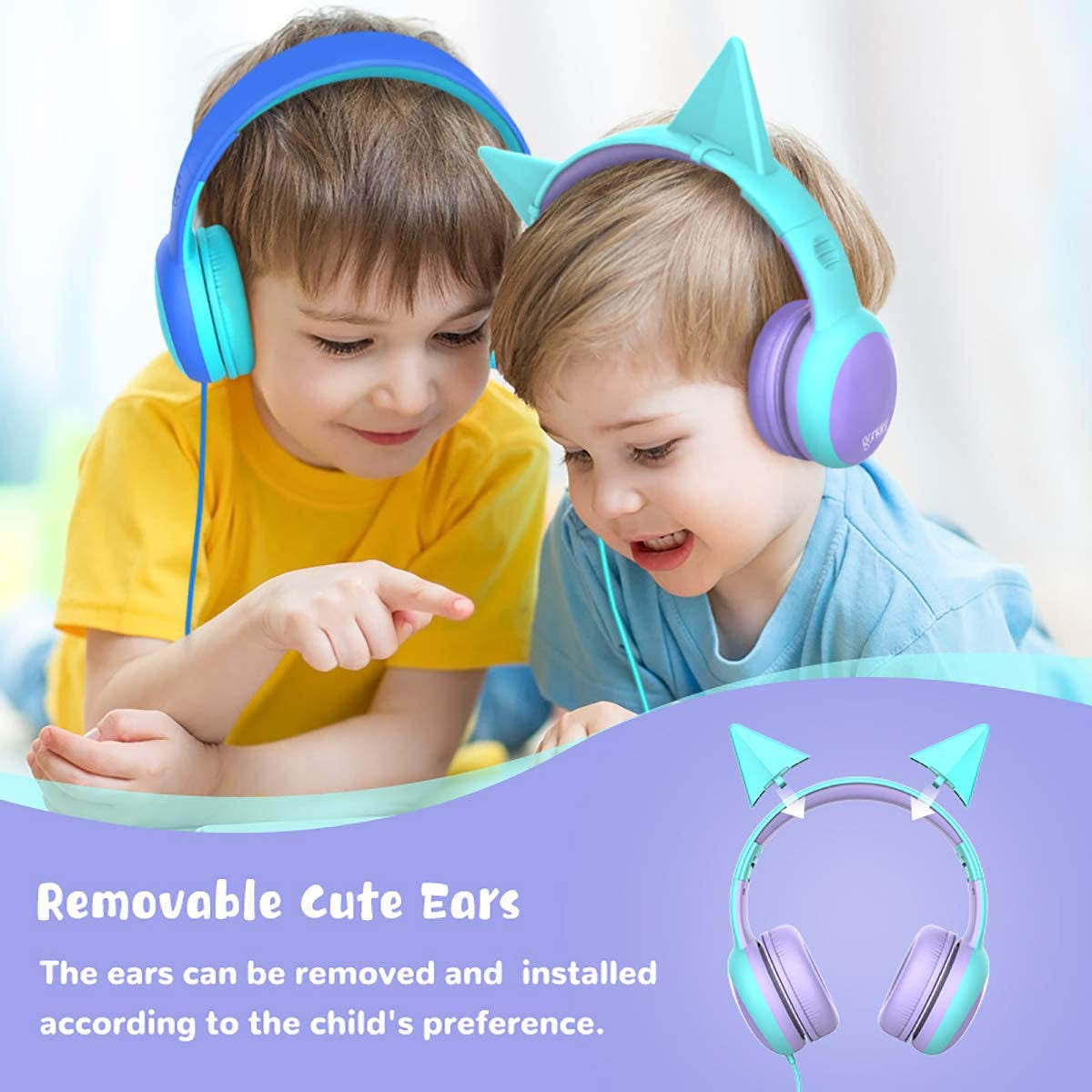 Kids Headphones with Limited Volume, Cat Ear Toddler Headphones, Wired Headphone over Ear for Boys and Girls,Stereo Sound Foldable 3.5Mm Headset for Children