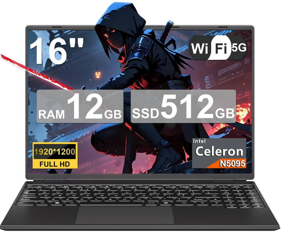 NOTODD 16 Inch Student and Business Laptop, Intel Celeron N5095, 12GB RAM+512GB SSD+1TB Expand, 1920X1200, 5G Wifi & HD Webcam, Windows11, Bundle with Silent Mouse, Black/Blue/Red/Purple Laptop, Lightweight