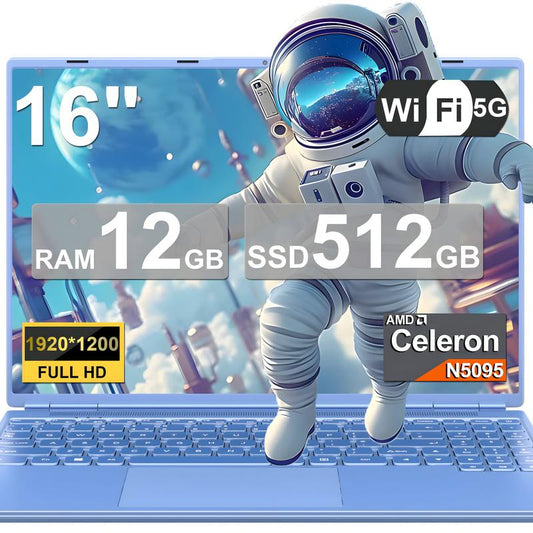 NOTODD 16 Inch Student and Business Laptop, Intel Celeron N5095, 12GB RAM+512GB SSD+1TB Expand, 1920X1200, 5G Wifi & HD Webcam, Windows11, Bundle with Silent Mouse, Black/Blue/Red/Purple Laptop, Lightweight