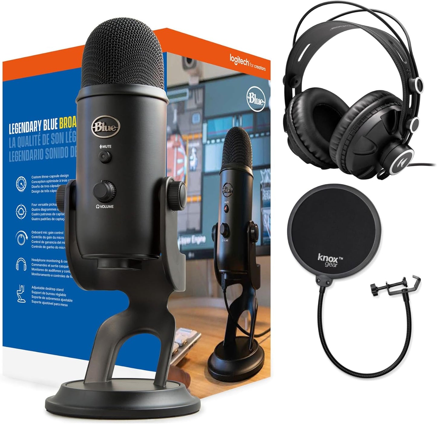 Blue Yeti USB Microphone (Blackout) Bundle with Focus Pro Audio Headphones and Pop Filter (3 Items)