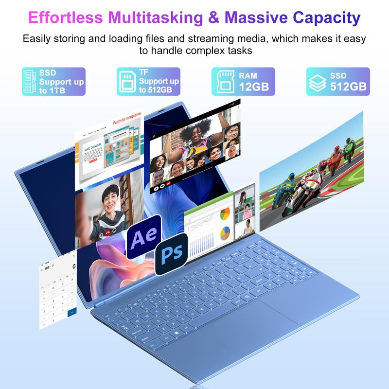 NOTODD 16 Inch Student and Business Laptop, Intel Celeron N5095, 12GB RAM+512GB SSD+1TB Expand, 1920X1200, 5G Wifi & HD Webcam, Windows11, Bundle with Silent Mouse, Black/Blue/Red/Purple Laptop, Lightweight