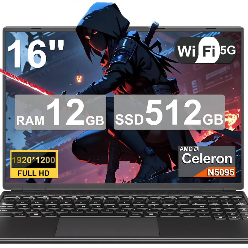 NOTODD 16 Inch Student and Business Laptop, Intel Celeron N5095, 12GB RAM+512GB SSD+1TB Expand, 1920X1200, 5G Wifi & HD Webcam, Windows11, Bundle with Silent Mouse, Black/Blue/Red/Purple Laptop, Lightweight
