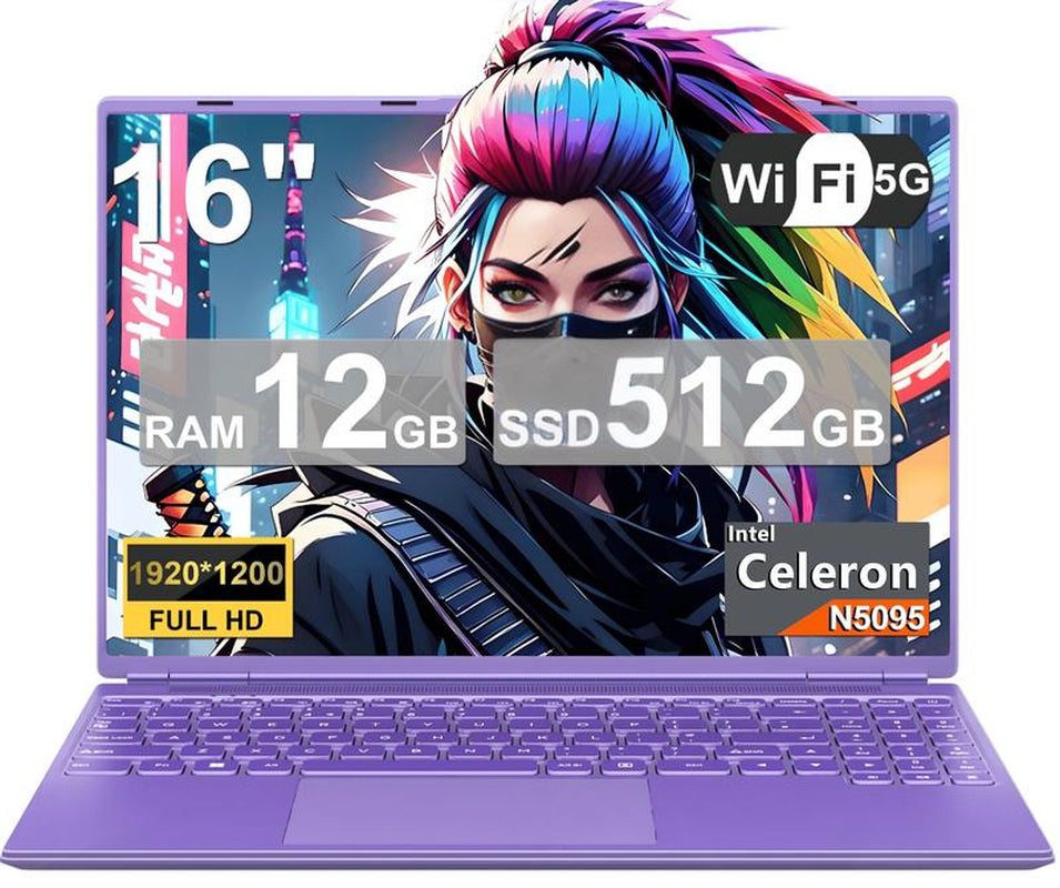 NOTODD 16 Inch Student and Business Laptop, Intel Celeron N5095, 12GB RAM+512GB SSD+1TB Expand, 1920X1200, 5G Wifi & HD Webcam, Windows11, Bundle with Silent Mouse, Black/Blue/Red/Purple Laptop, Lightweight