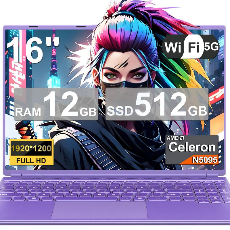 NOTODD 16 Inch Student and Business Laptop, Intel Celeron N5095, 12GB RAM+512GB SSD+1TB Expand, 1920X1200, 5G Wifi & HD Webcam, Windows11, Bundle with Silent Mouse, Black/Blue/Red/Purple Laptop, Lightweight